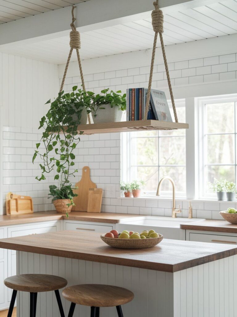 Ceiling-hung floating shelf using rope for airy and creative kitchen display