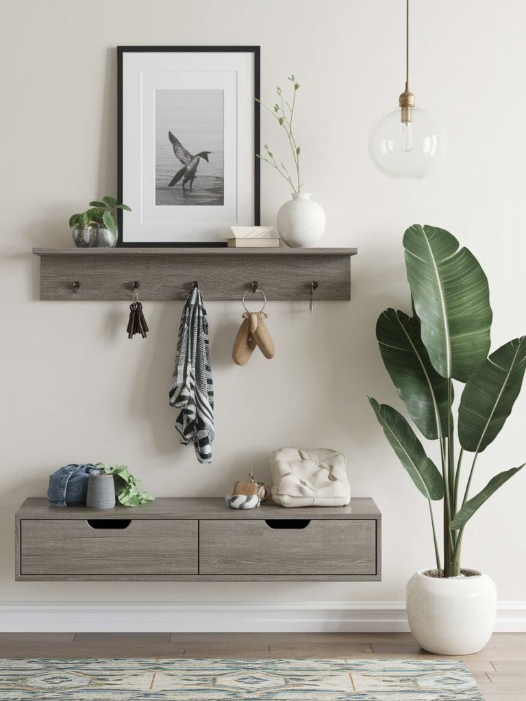 Floating shelf with hidden drawer for discreet storage in entryway or bedside setup