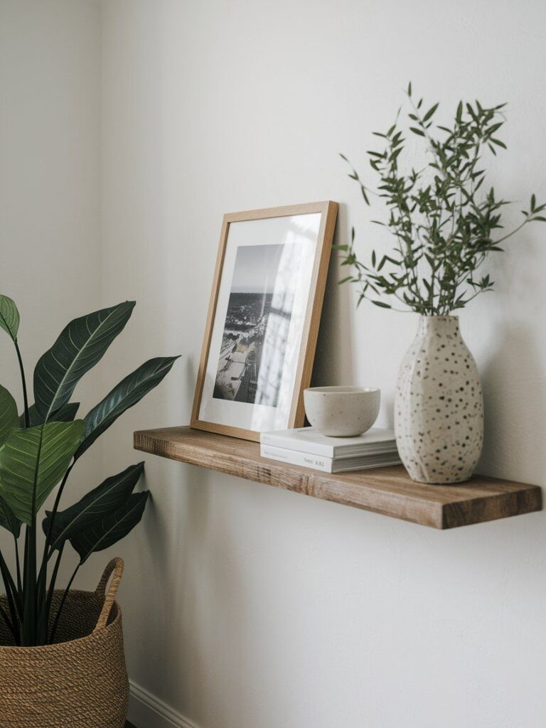Minimalist floating shelf styling with balanced decor and clutter-free layout