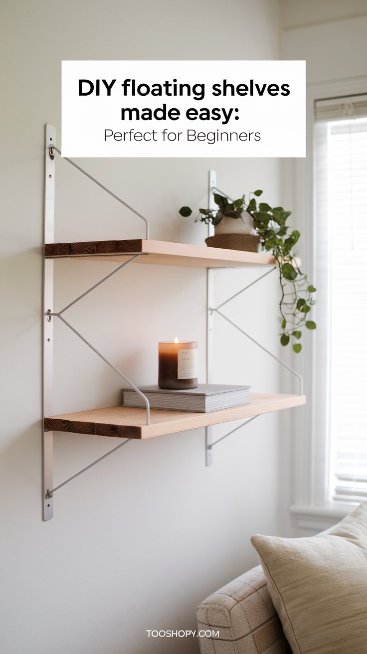 Minimalist DIY floating shelves mounted on a white wall with light wood planks and metal brackets, styled with a small potted plant, stacked books, and a candle. A simple and budget-friendly shelving solution perfect for beginners looking to add functional decor to any space.