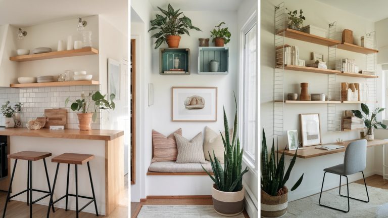 Three stylish interiors showcase DIY floating shelf ideas: a minimalist kitchen with wood shelves holding white dishware, a cozy nook with wall-mounted crates repurposed as shelves above a bench, and a modern home office with open shelving styled with books, pottery, and plants. Each setup offers functional storage with a clean, natural aesthetic.