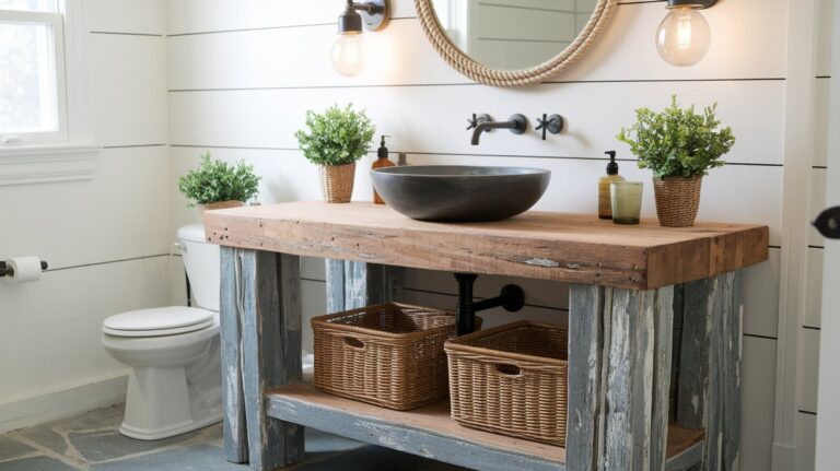 A rustic bathroom vanity made from weathered wood features a thick, natural wood countertop with a stone vessel sink and matte black wall-mounted faucet. Two woven baskets provide storage on the lower shelf, and the vanity is decorated with potted plants and soap dispensers, with a round rope mirror and industrial-style lighting completing the cozy farmhouse vibe.