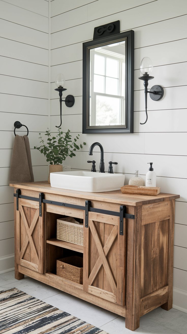 Alt text: A farmhouse-style bathroom vanity features sliding barn doors, natural wood construction, and black hardware, with open shelves displaying woven storage baskets. The vanity is topped with a rectangular vessel sink and matte black faucet, and is accessorized with greenery, soap, and a hand towel. A black-framed mirror and wall sconces add contrast against the white shiplap walls.