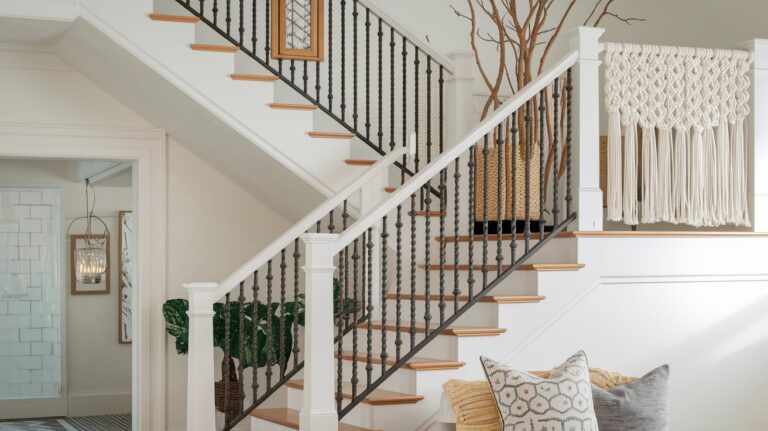 A bright, modern staircase with black twisted iron spindles and wooden steps, set against white walls. The space is decorated with a chunky macramé wall hanging, natural woven baskets, potted plants, and a cozy pillow, creating a welcoming and stylish entryway.