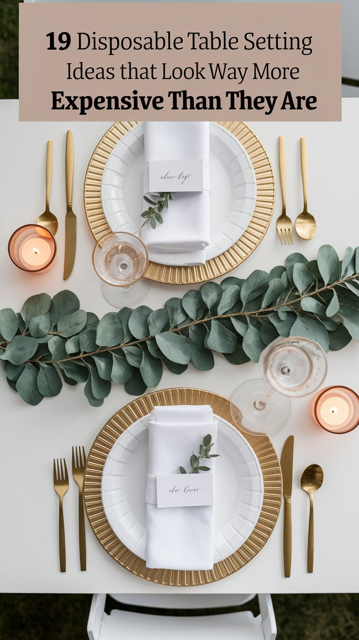 A chic disposable table setting featuring white paper plates with gold-rimmed chargers, gold plastic cutlery, and neatly folded white napkins topped with sprigs of greenery and handwritten place cards. The table is styled with eucalyptus garland, rose-colored votive candles, and glassware, creating an elegant yet affordable look. Text above reads, "19 Disposable Table Setting Ideas that Look Way More Expensive Than They Are."