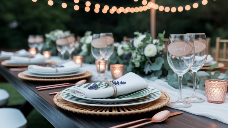 An elegant outdoor dinner table setup featuring rattan chargers, striped green and white plates, and white napkins tied with twine and sprigs of lavender. Rose gold flatware, name-tagged wine glasses, floral centerpieces, and glowing votive candles enhance the romantic ambiance under string lights.