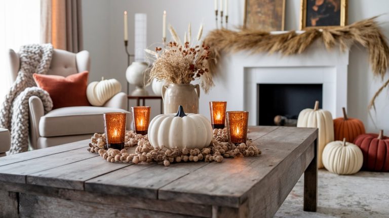 A cozy fall-themed living room centered around a rustic wooden coffee table decorated with a white pumpkin, amber votive candles, and a natural bead garland. In the background, neutral armchairs with rust-colored and chunky knit accents complement the white fireplace adorned with dried grasses and autumn pumpkins. Warm lighting and earthy tones create an inviting autumn ambiance.