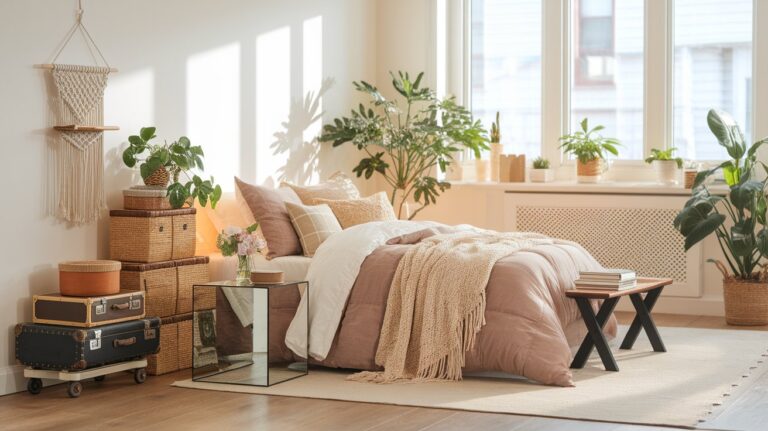 A bright, cozy bedroom with soft bedding, plants, woven baskets, and vintage suitcases, all bathed in natural light from large windows.