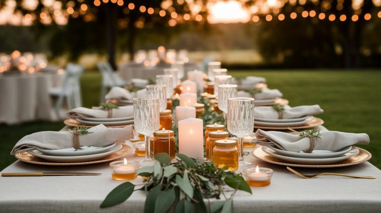 Outdoor table setting at sunset featuring gold-rimmed chargers, cream linen napkins tied with twine and greenery, and crystal glassware. The center of the table is lined with glowing pillar candles, tea lights, and small jars of honey, creating a warm, inviting ambiance perfect for an elegant party or garden wedding.