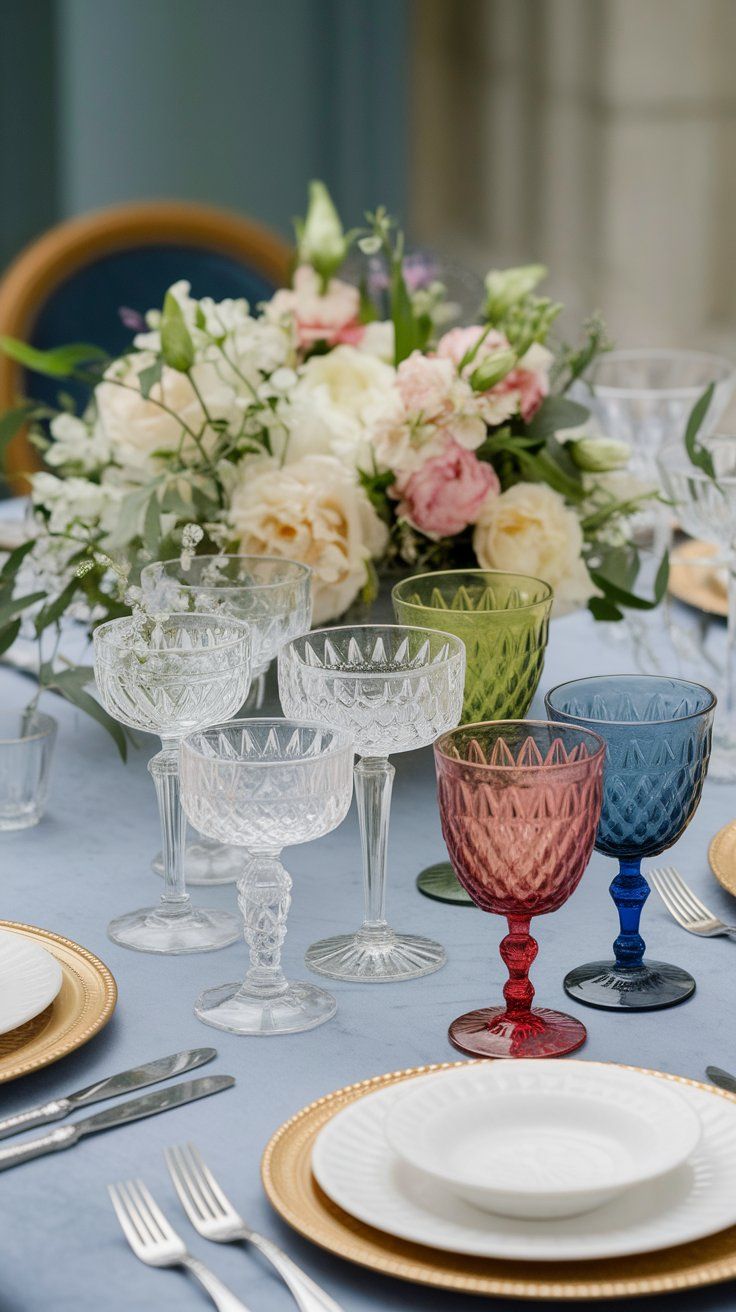 Crystal glassware installation with vintage goblets and floral accents for glamorous wedding table