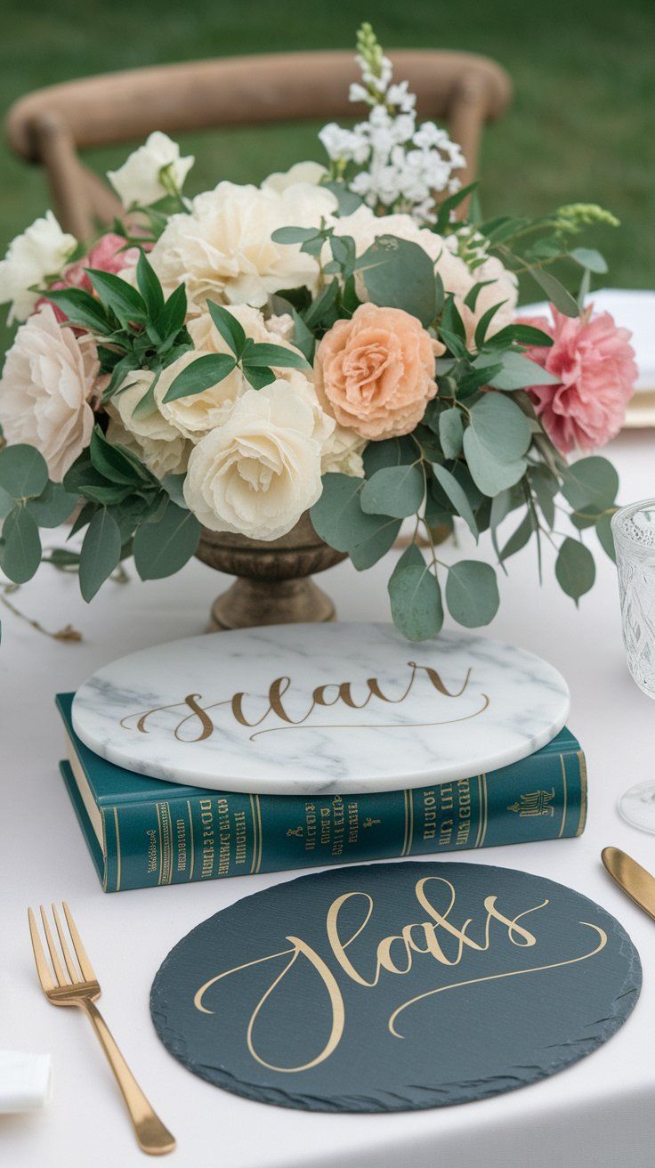Stone slab table numbers with gold calligraphy for luxe-rustic wedding table decor
