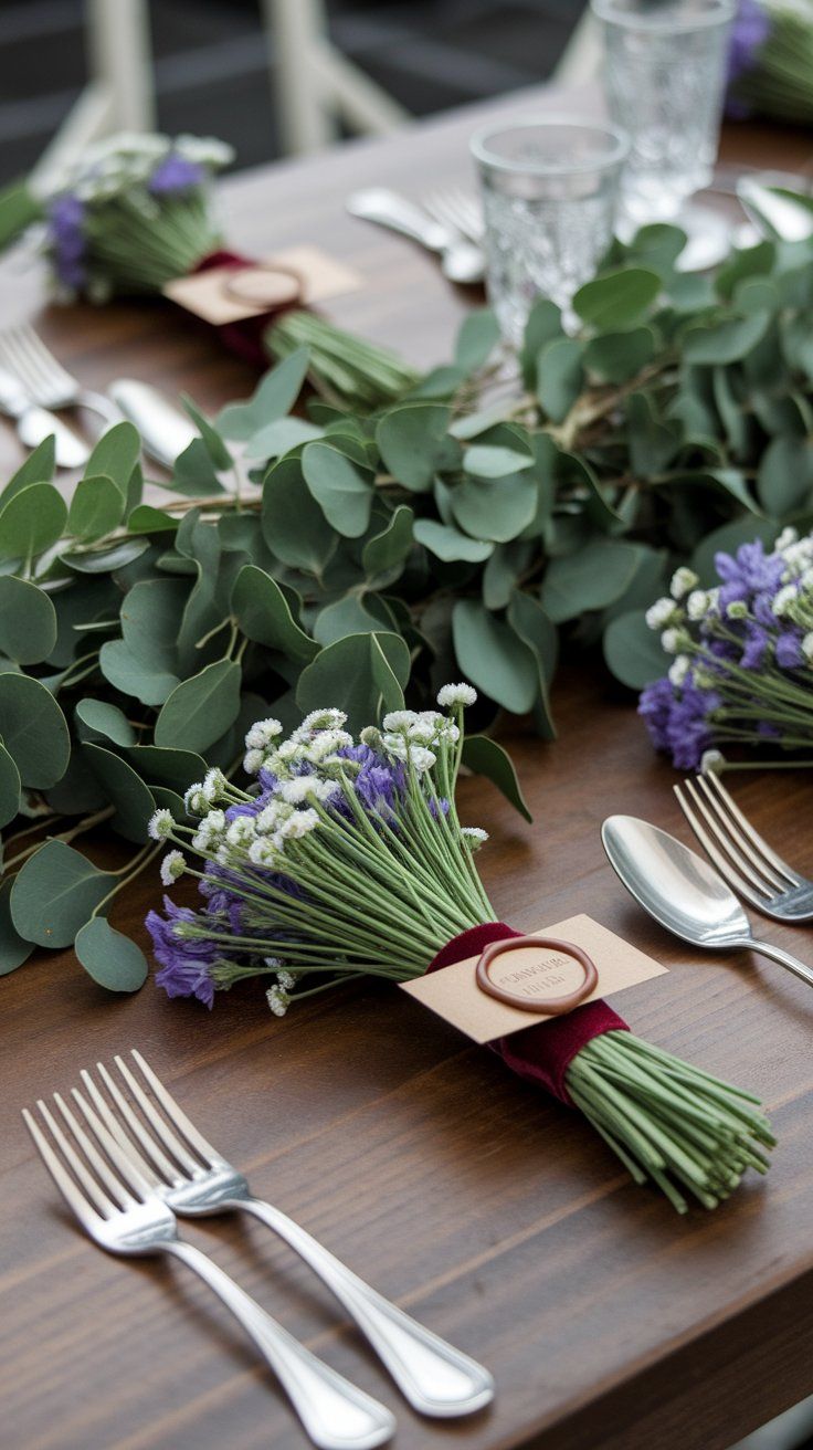 Velvet ribbon-wrapped florals with name tags for personalized wedding table seating