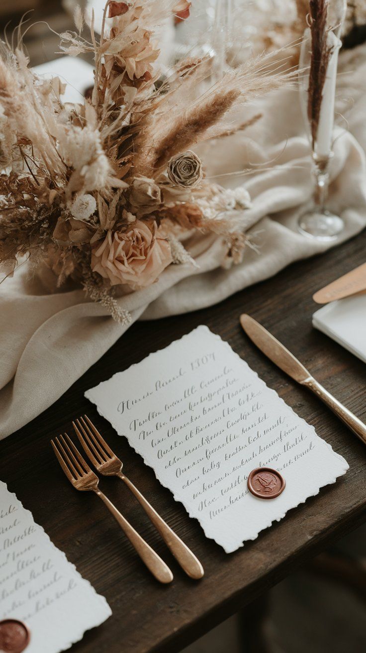 Story cards with personal prompts and wax seals for interactive wedding table experience