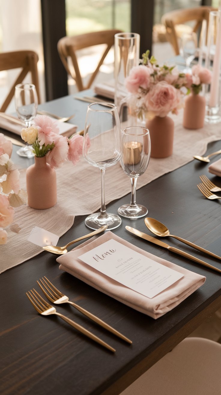 A chic wedding table set with blush pink napkins, gold flatware, and soft pink floral arrangements in matte ceramic bud vases. Linen table runners and glassware add a romantic, minimalist touch to the modern blush pink wedding table decor.