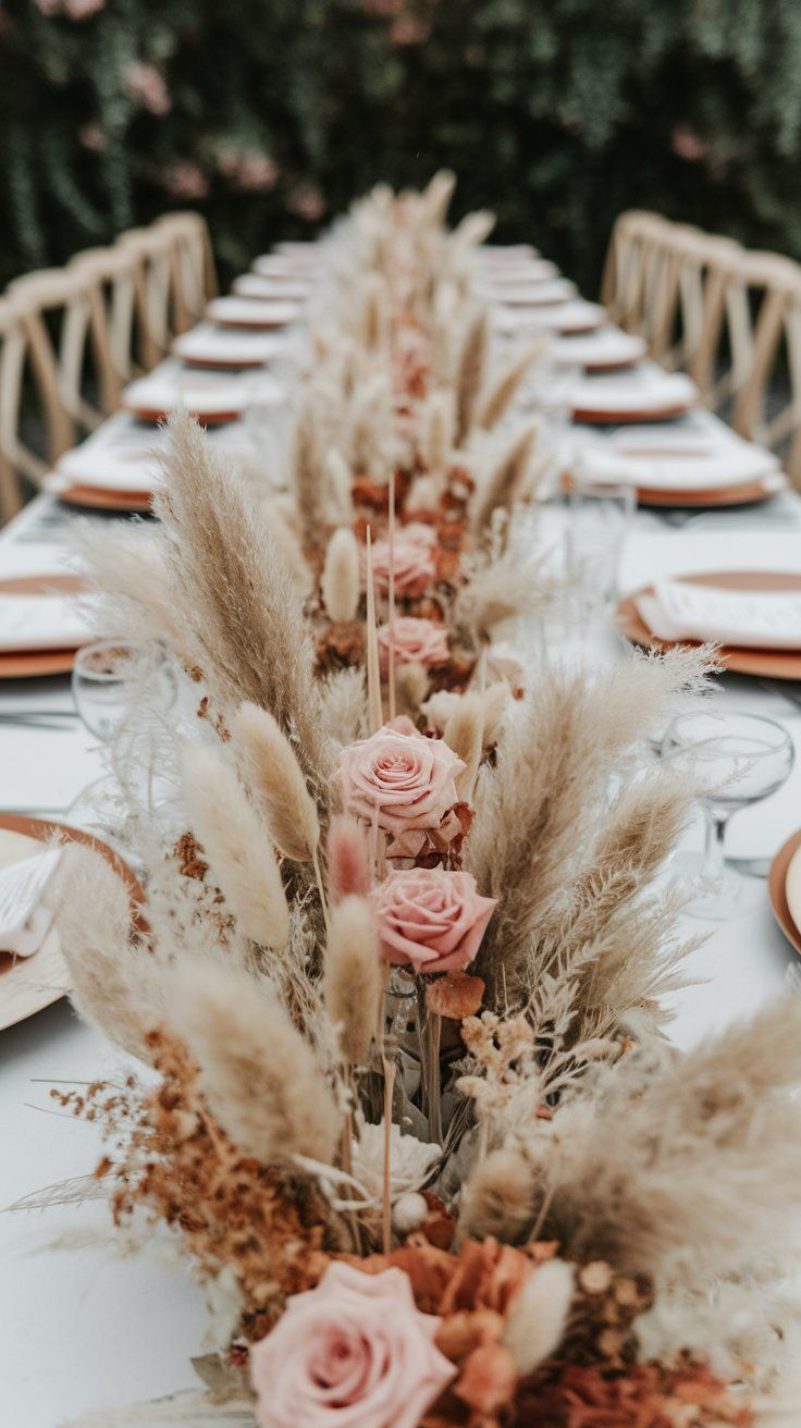 Pampas grass and dried floral centerpiece creating dreamy movement on wedding table