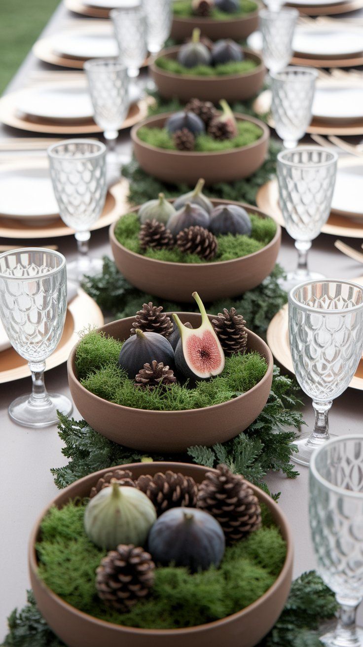 Seasonal ceramic bowl clusters with natural elements for organic wedding table centerpiece