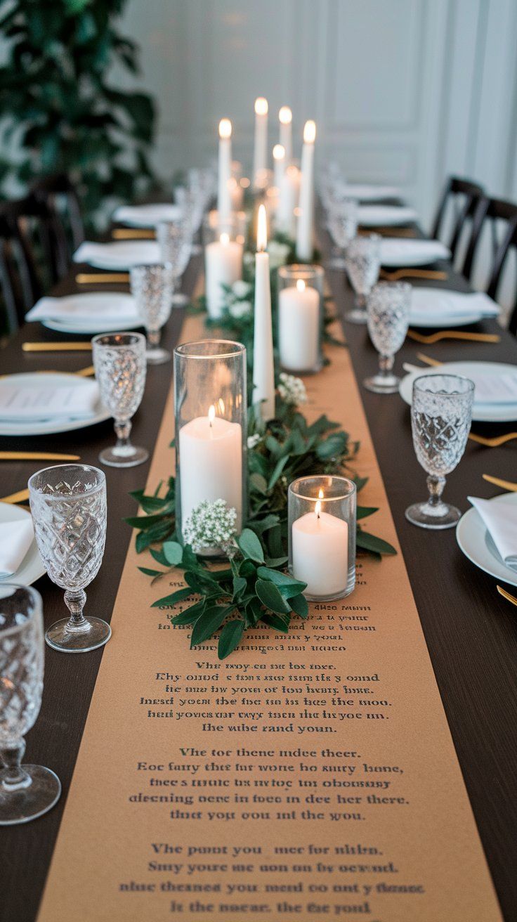 Poetry scroll table runner adding narrative and romance to intimate wedding table