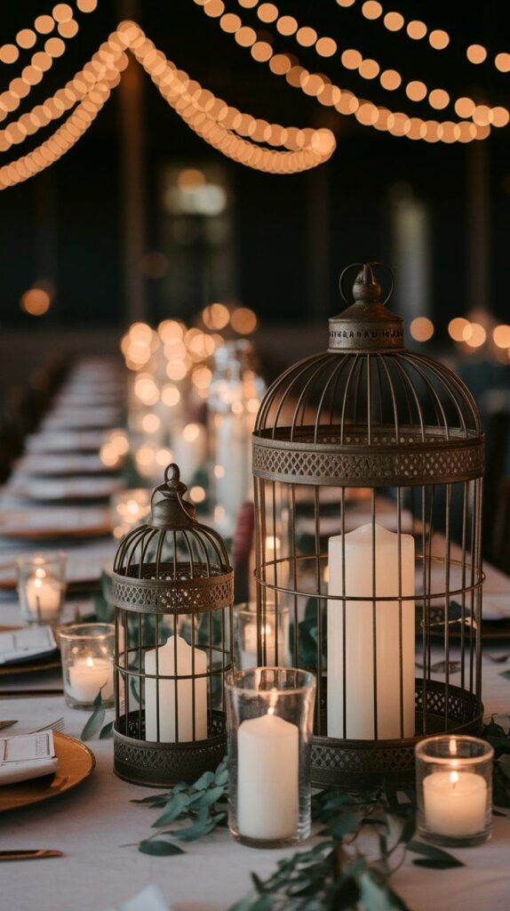Candle-filled birdcages and lanterns creating enchanted glow on wedding table