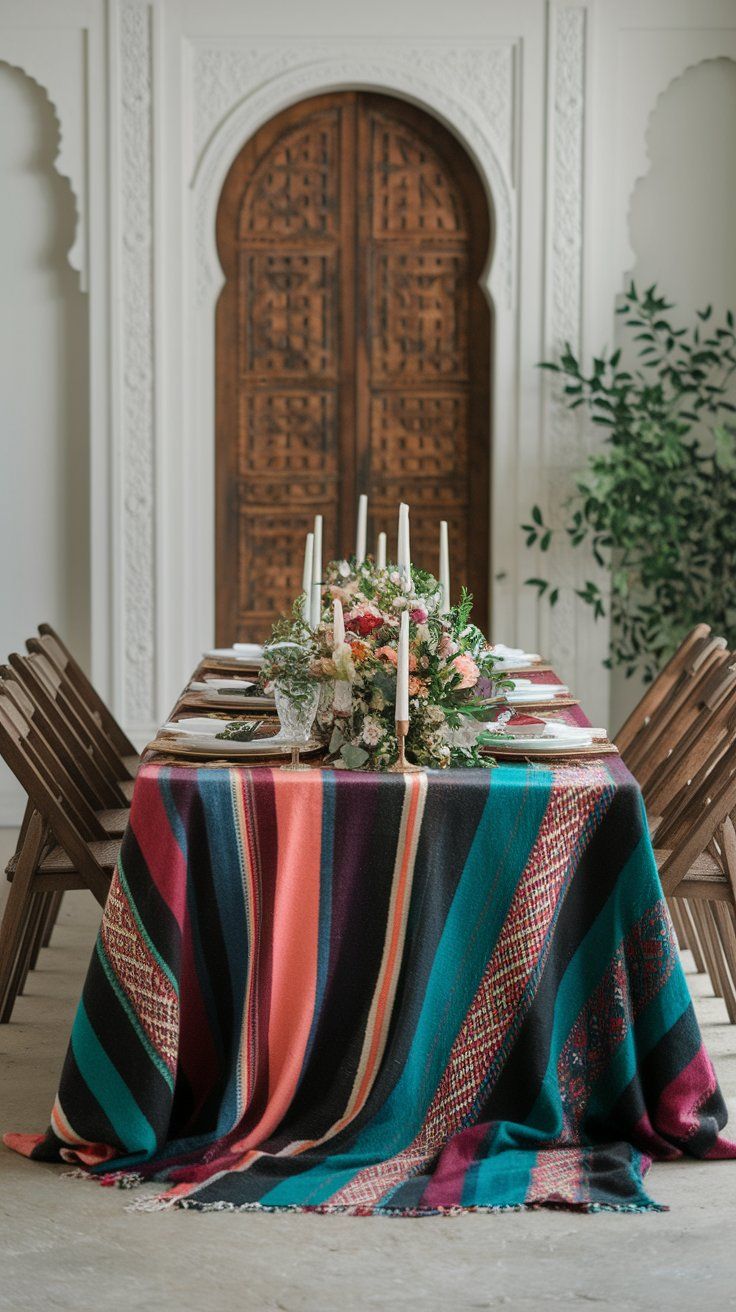 Layered rug-like textiles adding warmth and storytelling to wedding table design