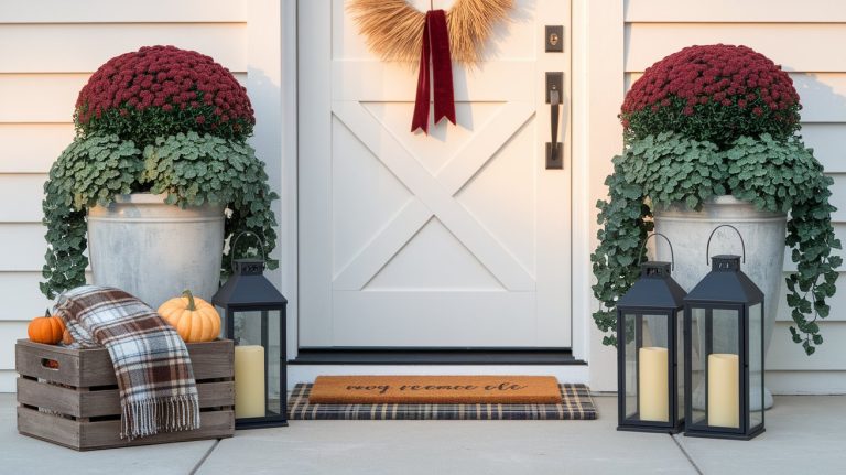 A charming fall front porch setup featuring a white door adorned with a wheat wreath tied with a burgundy ribbon. Large galvanized planters hold overflowing burgundy mums and greenery, flanked by black lanterns with pillar candles. A wooden crate with pumpkins and a plaid throw sits beside a doormat layered on a plaid rug, creating a warm, seasonal welcome.