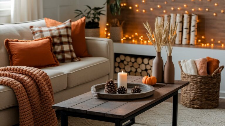 Neutral-toned living room decorated for fall with warm orange accents, including a knit throw blanket, plaid and velvet pillows, and a rustic wood coffee table topped with a tray holding a candle, pinecones, and a mini pumpkin. The background features soft fairy lights, dried wheat stalks in vases, stacked firewood, and a cozy basket filled with blankets.