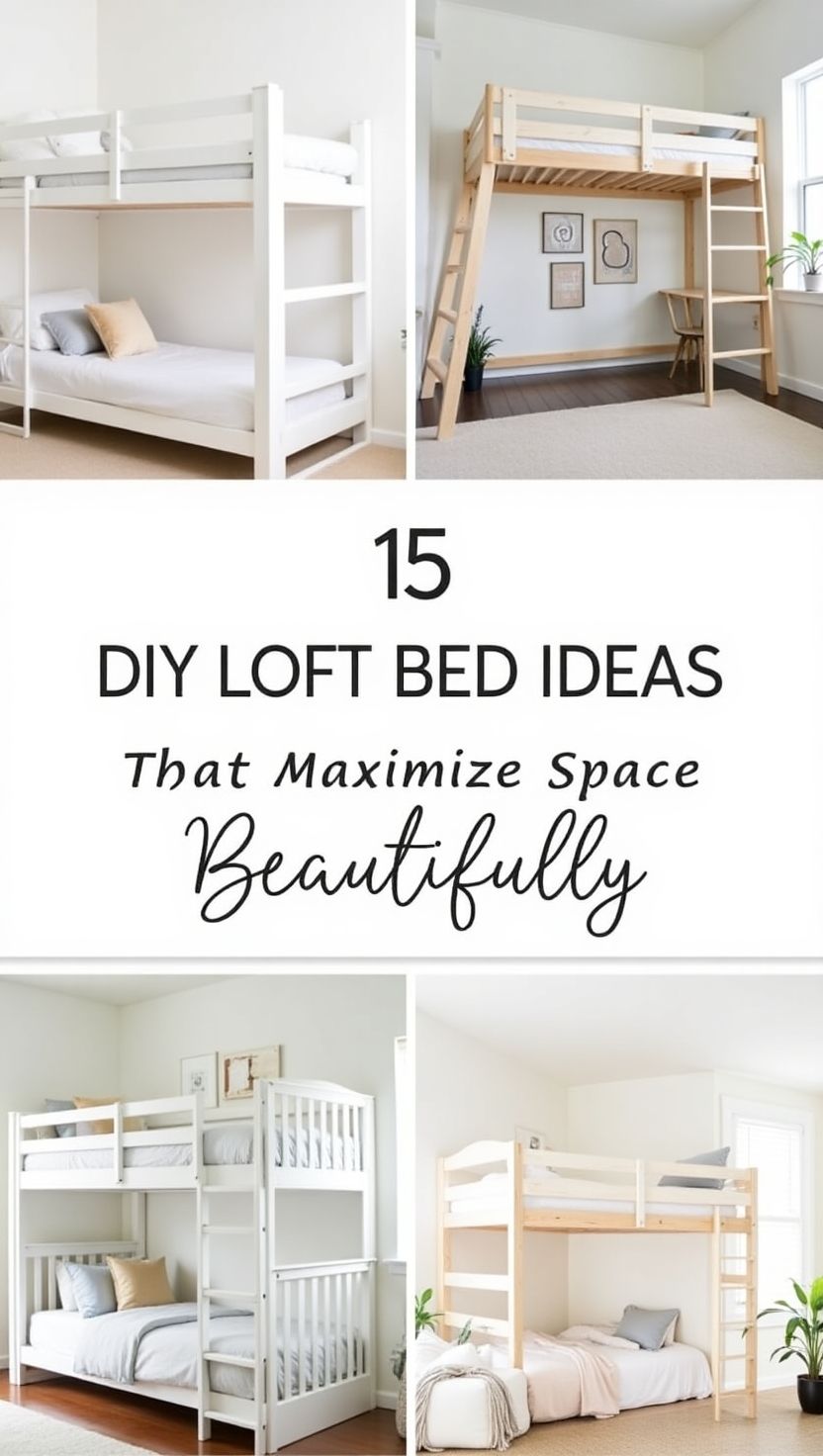 A Pinterest-style collage displaying five different DIY loft bed setups, designed to maximize space in small rooms. The center overlay text reads “15 DIY Loft Bed Ideas That Maximize Space Beautifully.” The beds feature clean lines in white or natural wood finishes, with configurations including bunk beds and elevated beds over open play or study areas, styled with minimal, cozy decor.