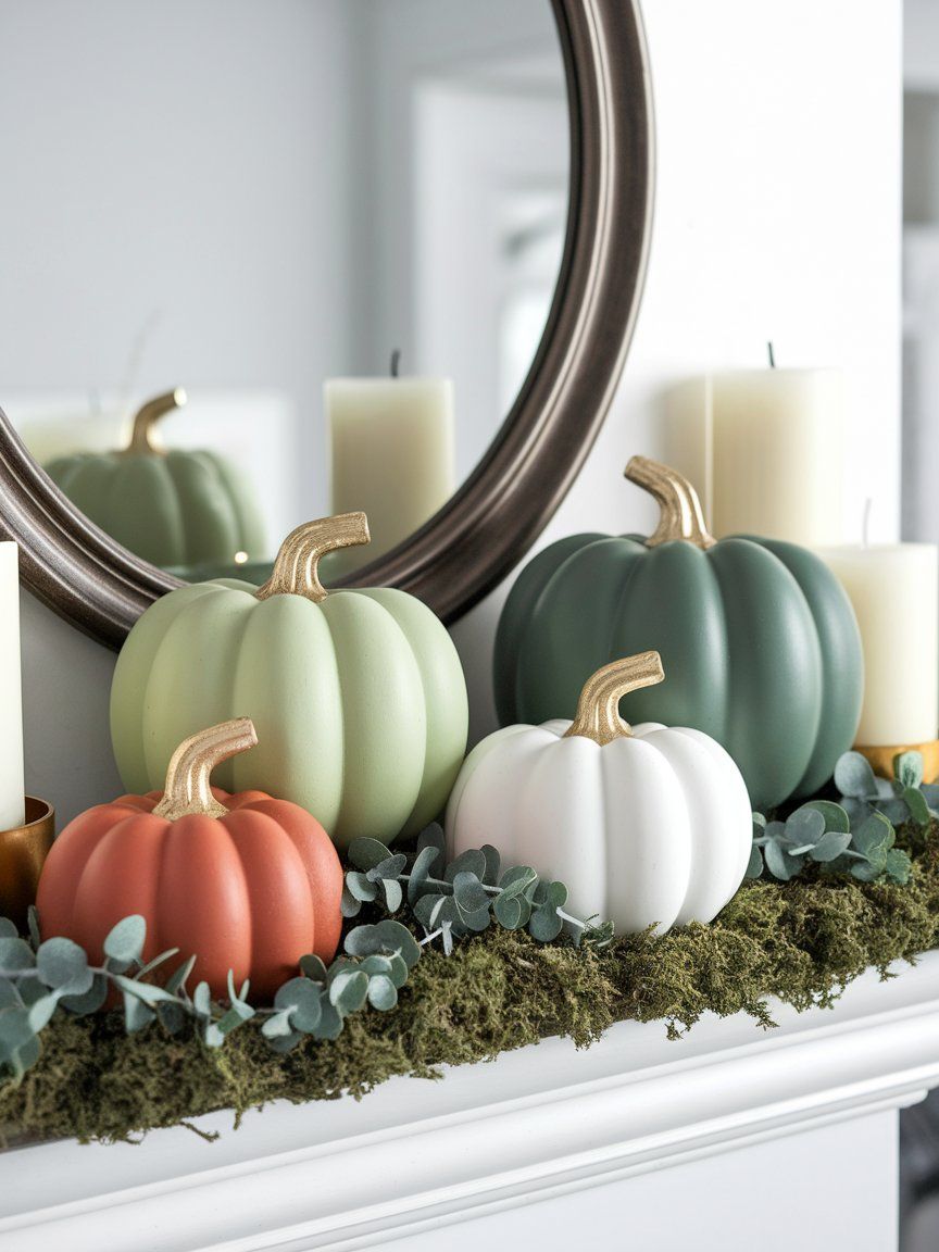 Chalk-painted dollar store pumpkins with gold stems for modern farmhouse fall decor