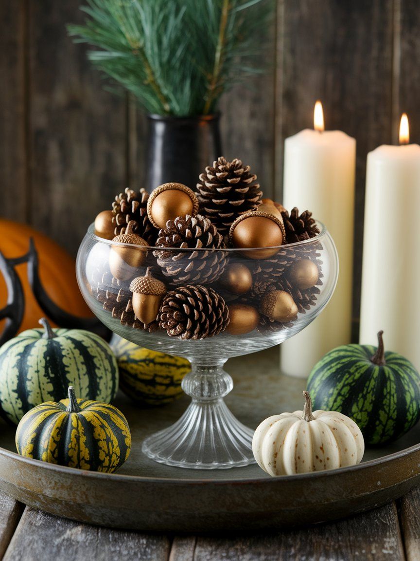 Gold-tipped pinecones and acorns adding shimmer to rustic fall centerpiece