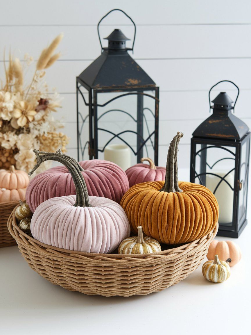 DIY velvet pumpkins made from dollar store foam for luxe fall mantel styling