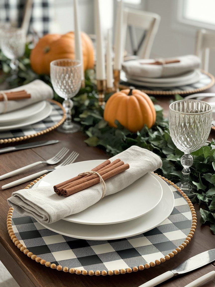 Buffalo check chargers made from dollar store materials for cozy fall table setting