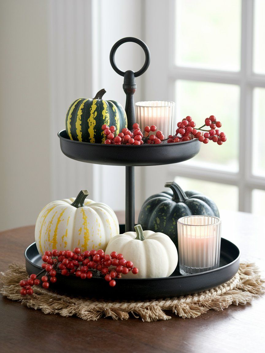 Dollar store tiered tray centerpiece with layered fall decor accents