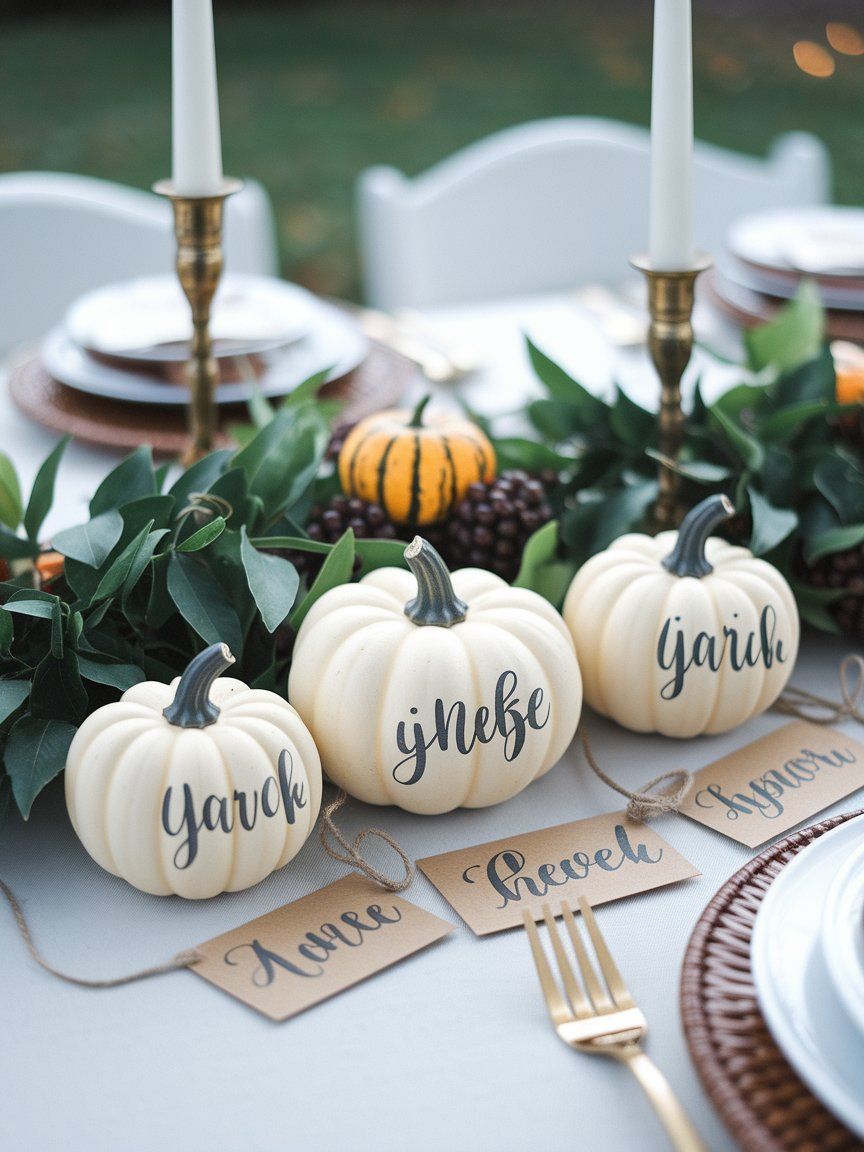 Mini pumpkin place cards adding personalized charm to fall dinner table