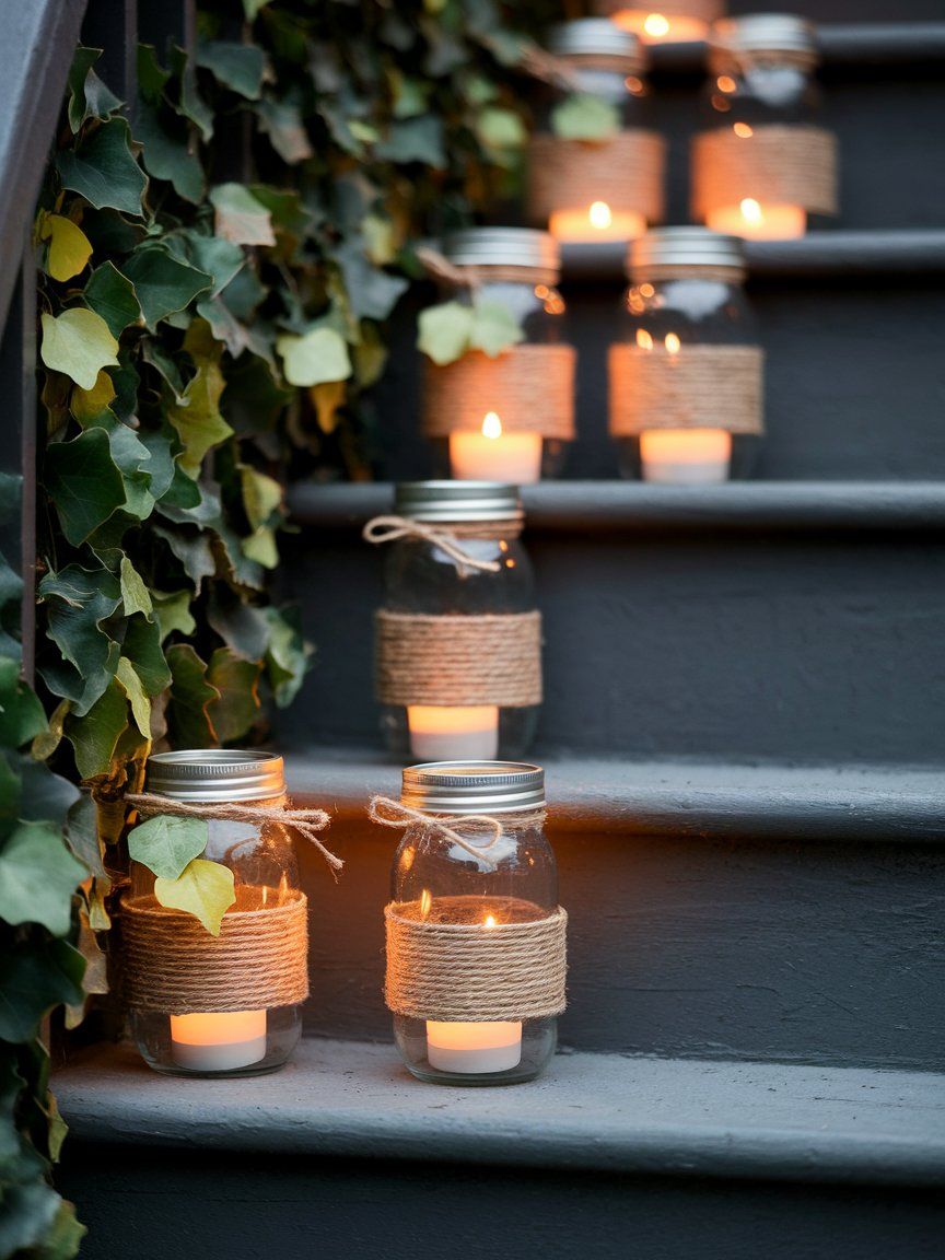 DIY mason jar leaf lanterns creating cozy fall glow with dollar store materials