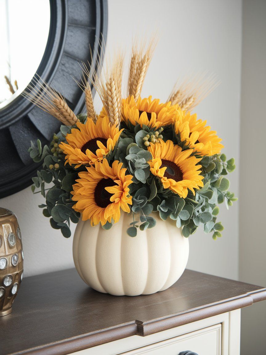 Floral foam pumpkin arrangement made from dollar store supplies for vibrant fall centerpiece