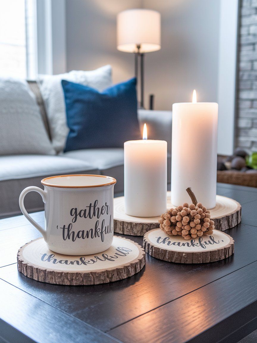 Wood slice coasters with hand-painted fall designs for rustic tabletop decor