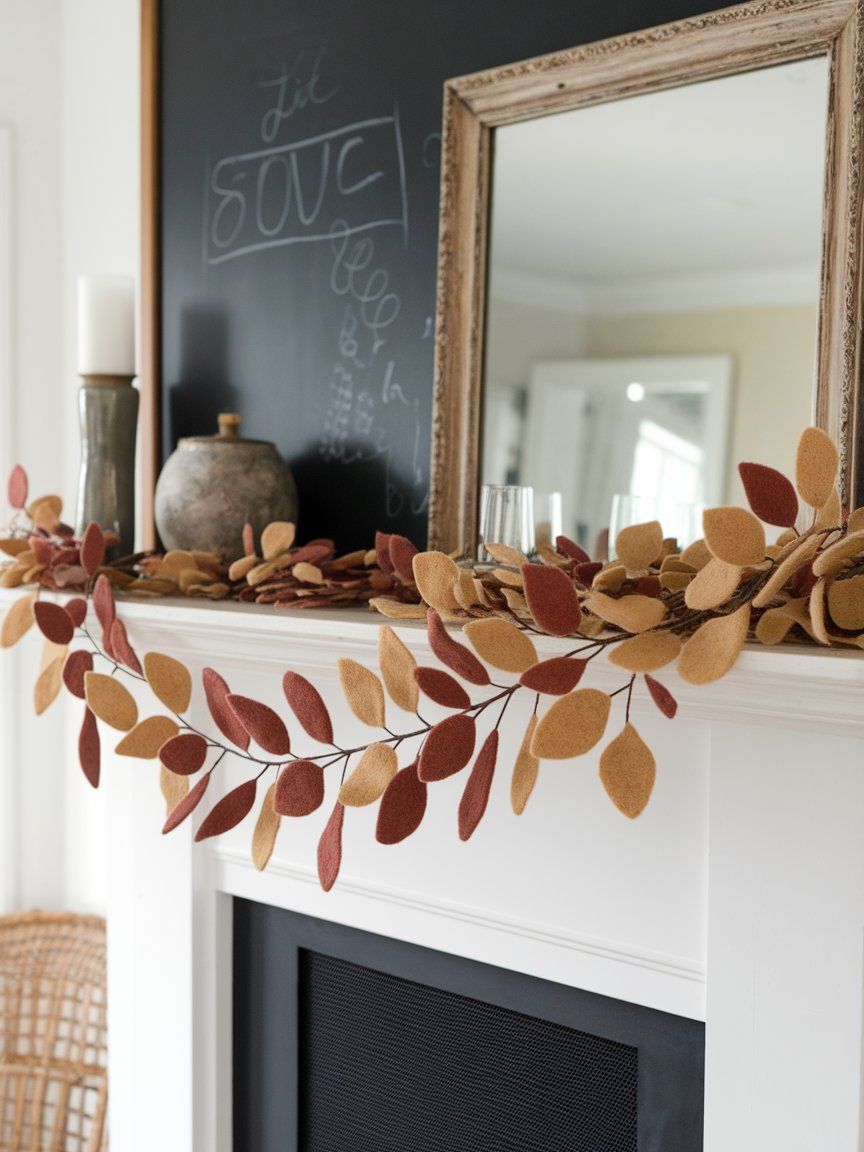 DIY felt leaf garland adding movement and softness to fall mantel decor