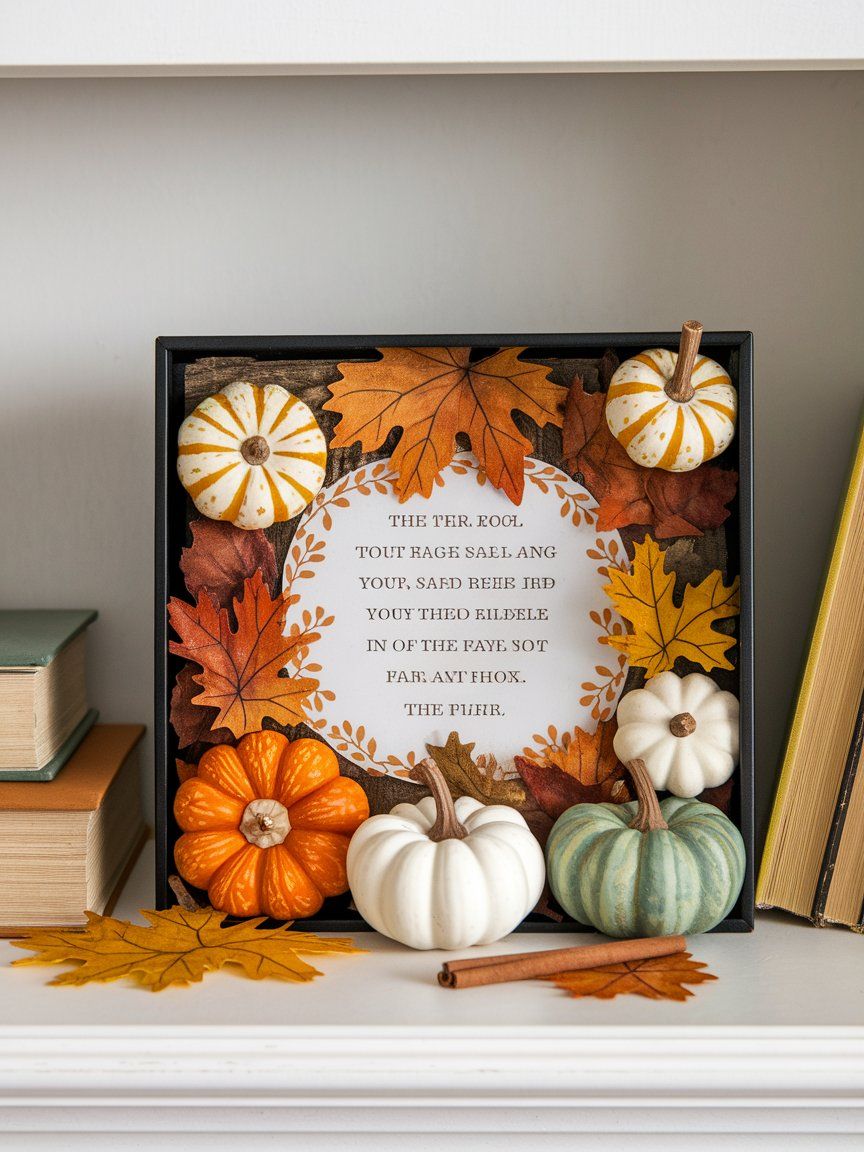 Dollar store shadow box turned into cozy fall vignette with layered seasonal accents