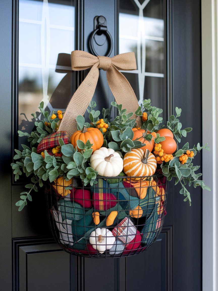 Hanging basket wall decor using dollar store items for vertical fall display