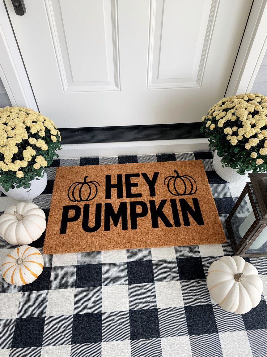 DIY dollar store doormat with fall stencil layered over patterned rug for festive entryway