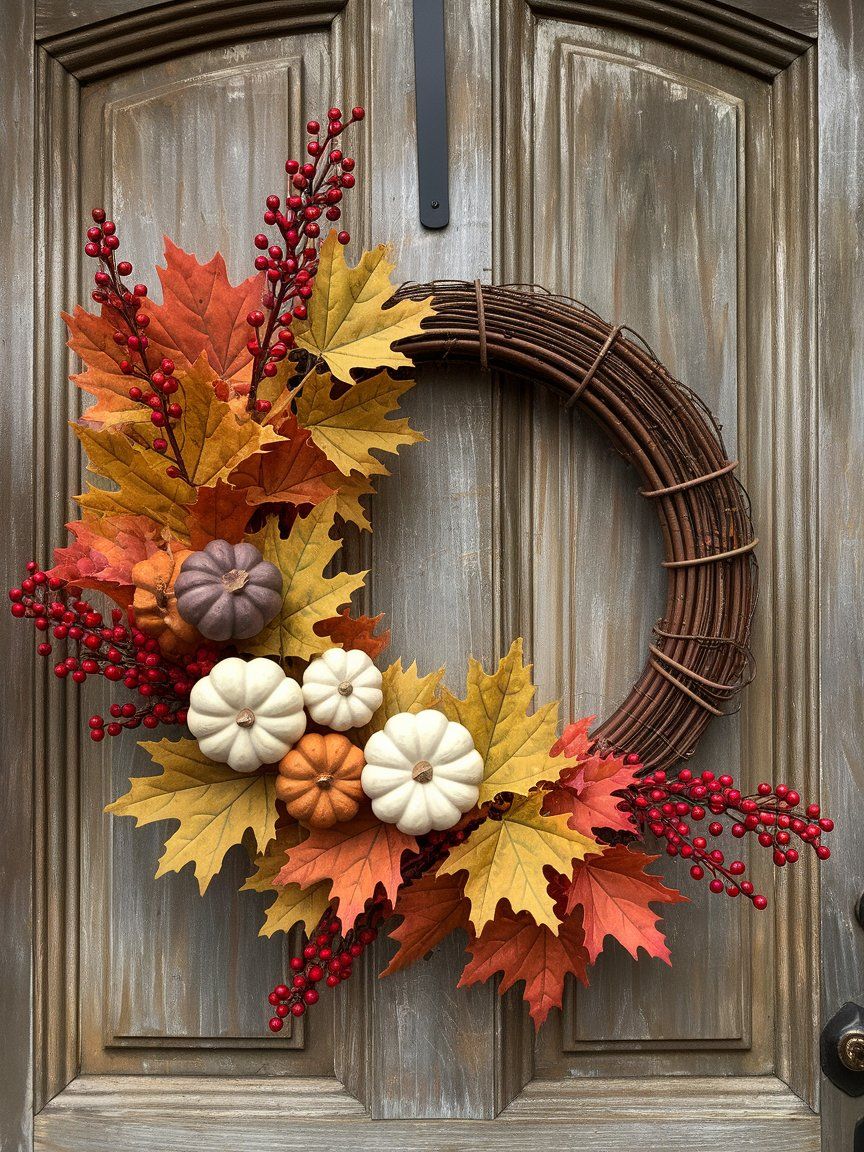 DIY fall wreath made from dollar store supplies for lush seasonal front door decor
