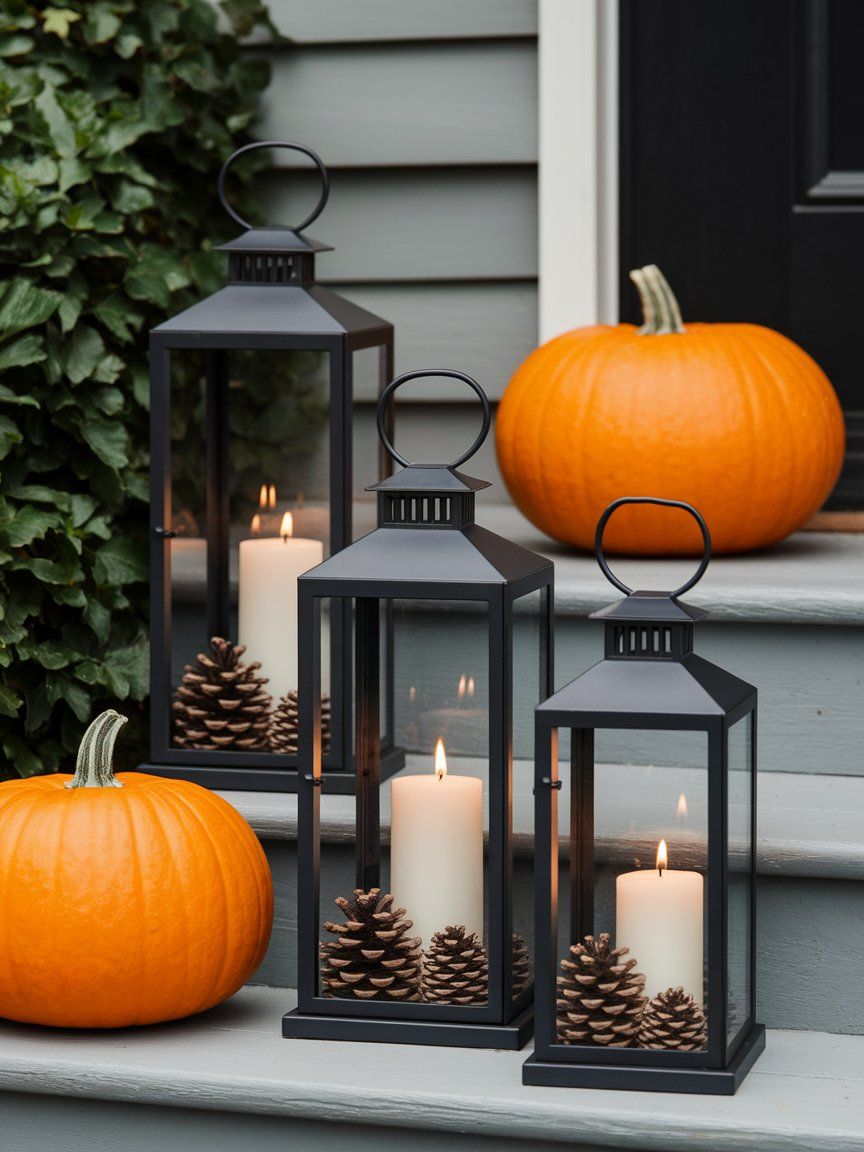 Dollar store lanterns transformed with paint and candles for cozy fall porch lighting
