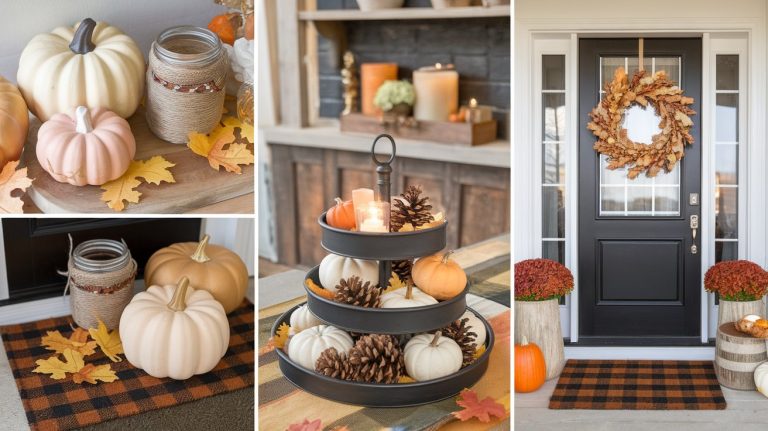 A collage of dollar store fall decor hacks, featuring budget-friendly pumpkins in white, peach, and orange, mason jars wrapped in twine, faux leaves, and pinecones arranged on tiered trays and porches. The front door is styled with a plaid doormat, mums, a fall wreath, and simple seasonal touches that look upscale and festive.