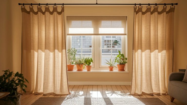 A bright, sunlit room features DIY linen curtains in a soft natural beige, hung from a black ceiling-mounted rod framing a large window. Terracotta potted plants line the windowsill, adding a fresh, earthy contrast to the airy linen fabric.