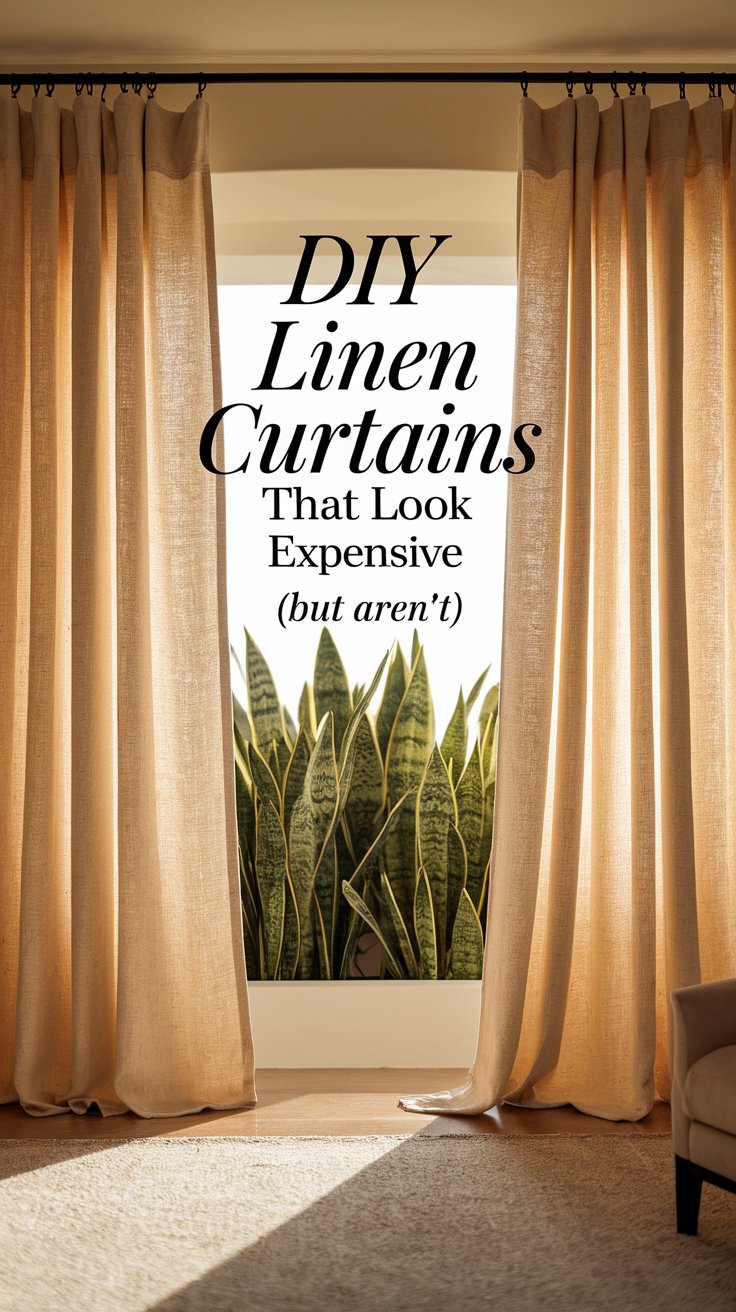 Elegant DIY linen curtains in a warm neutral tone hang from a black curtain rod, framing a sunny window with tall snake plants outside. The soft fabric pools slightly on the floor, creating a high-end designer look on a budget.