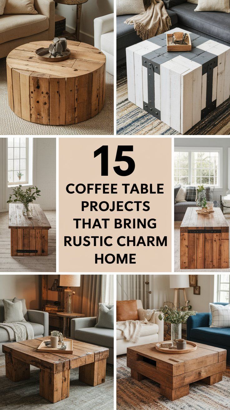 Collage of seven rustic-style coffee tables made from reclaimed or raw wood, shown in cozy living rooms with neutral or earthy decor. The center panel features bold text that reads, “15 Coffee Table Projects That Bring Rustic Charm Home.” Tables include round, square, and rectangular designs with natural textures, industrial metal accents, and minimalistic decor trays or vases.