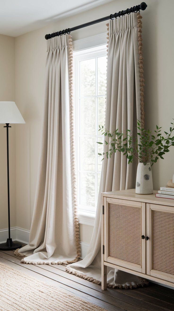 Drop cloth curtains with clip rings and soft pleats for rustic farmhouse window styling