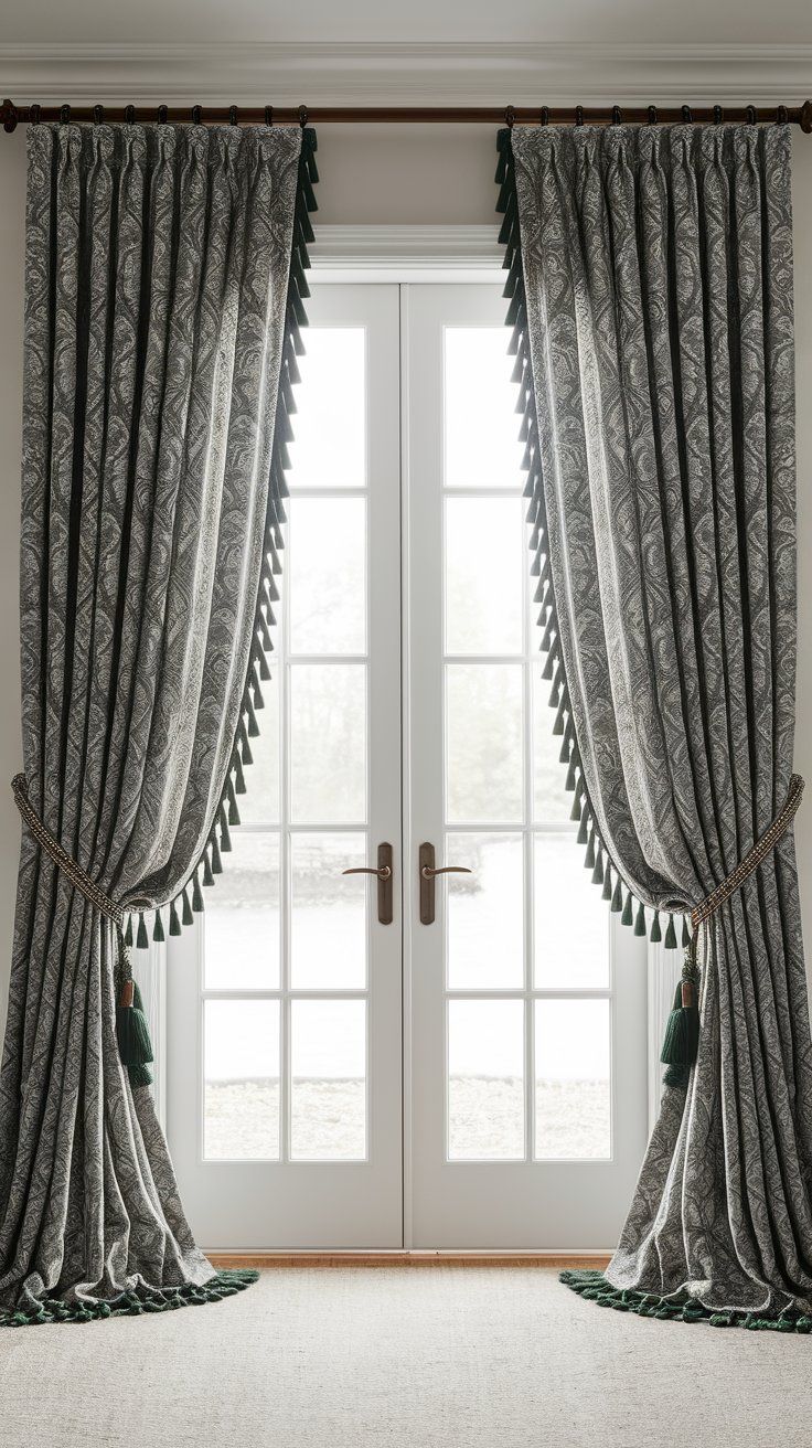 Tablecloth curtain panel adding upscale texture and drape to rustic French door styling