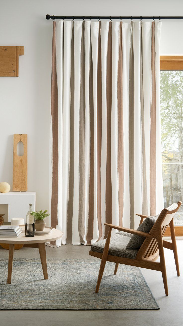 Painted canvas curtain with custom stripes for bold and artistic living room decor