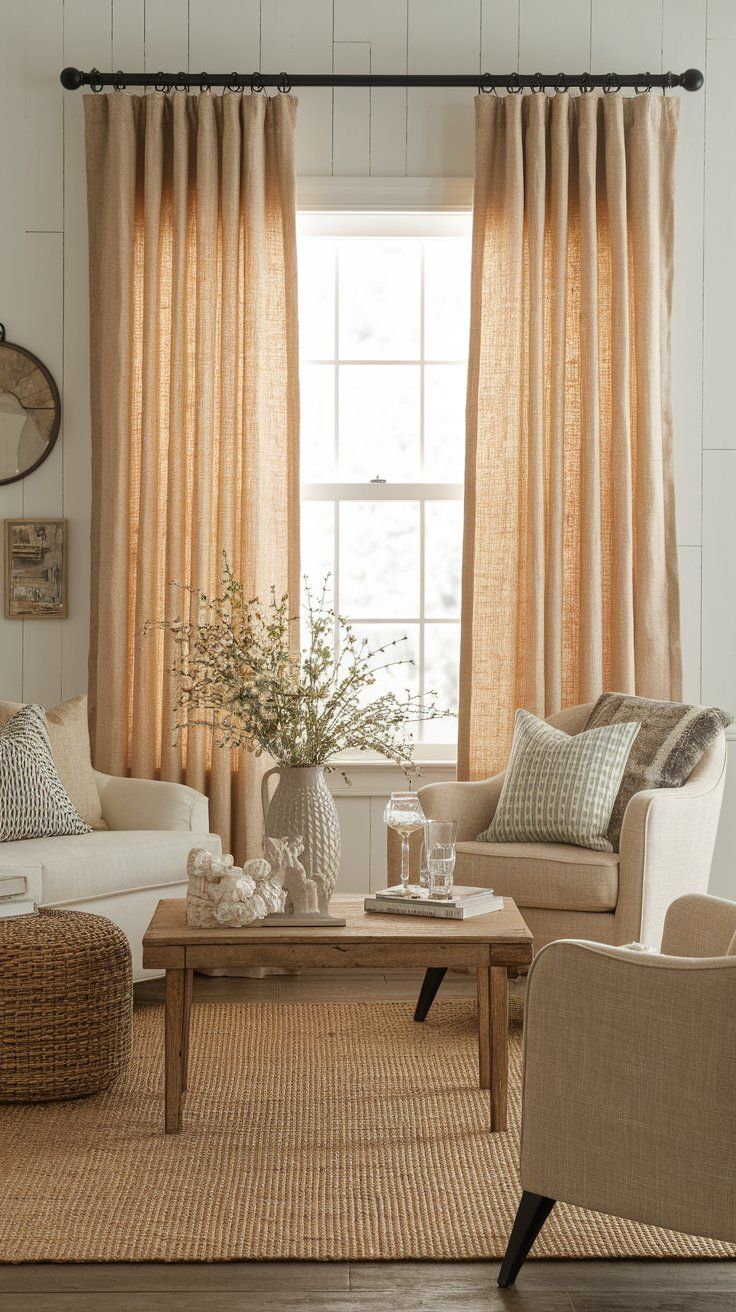 Rustic burlap curtain with lace ties adding texture and charm to farmhouse living space