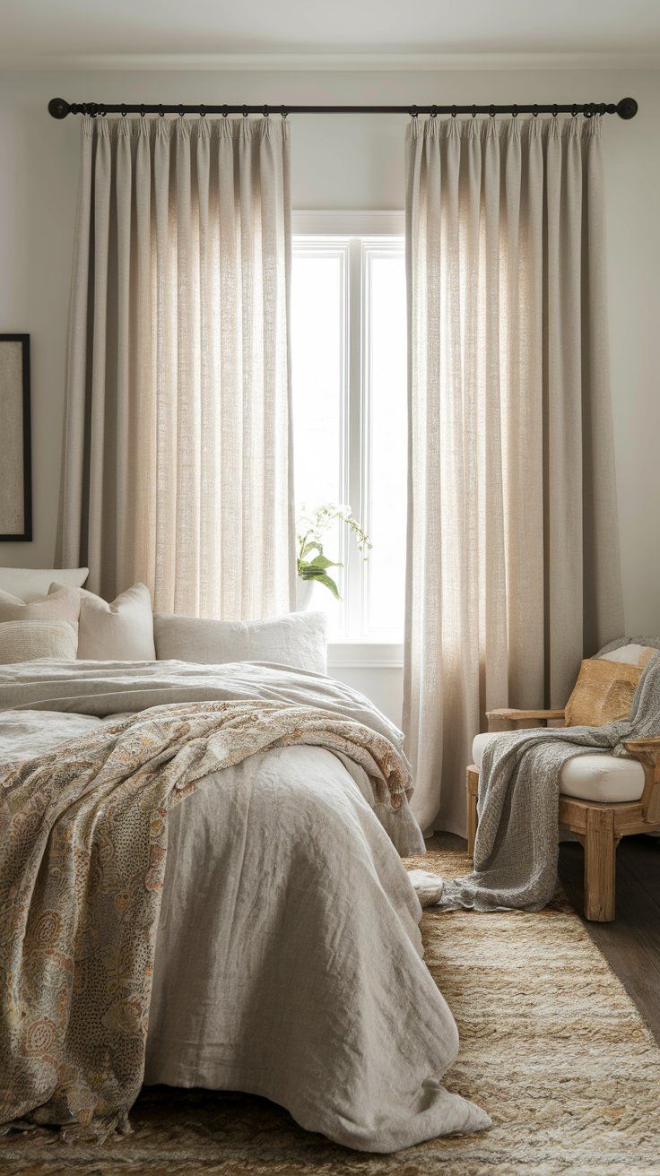 Layered sheer and opaque curtain panels for flexible light control and elegant bedroom styling